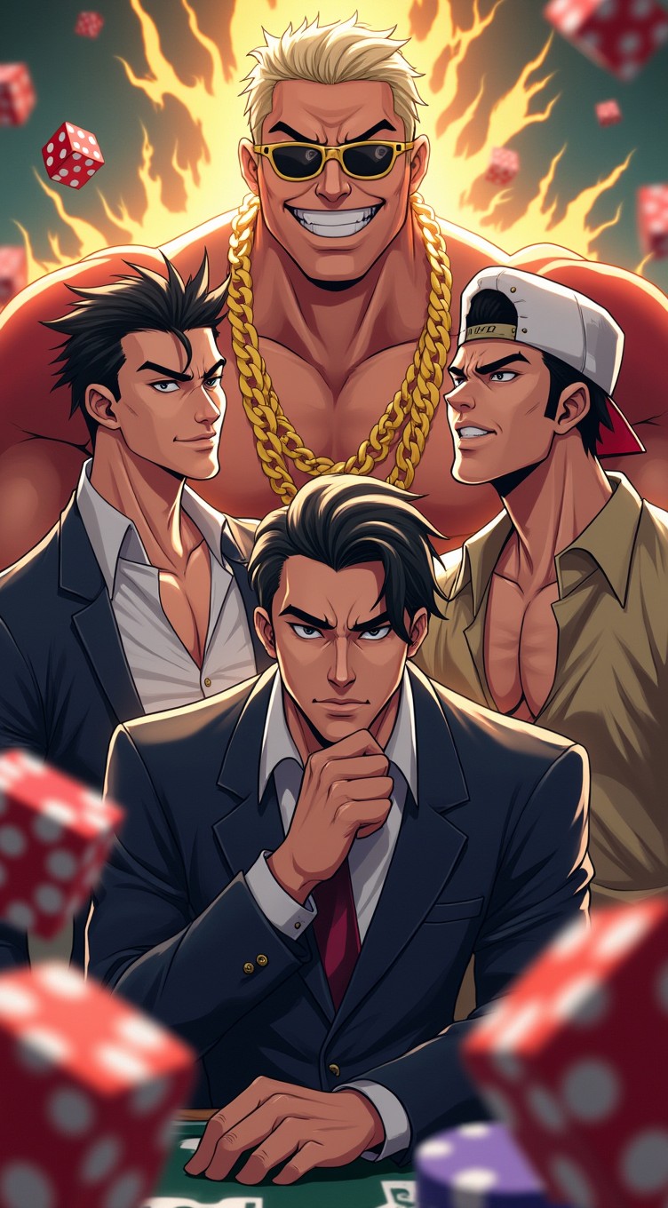 A trio of anime-style characters representing Dealmaker Donny, Just Vince, and Bucky Baron, engaged in an intense battle against a backdrop of swirling poker chips, dice, and gold