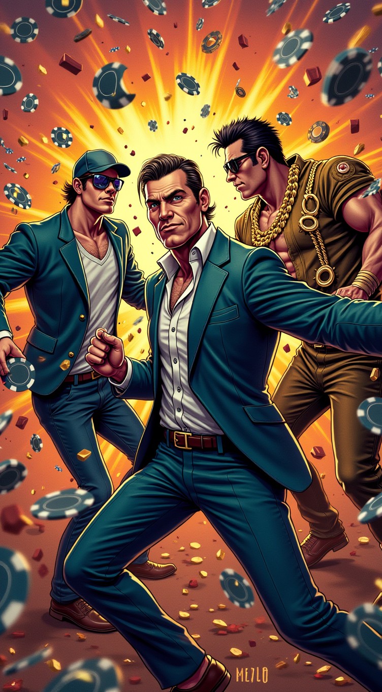 A striking artistic depiction of three characters: Dealmaker Donny, Just Vince, and Bucky Baron, fighting amidst a whirl of poker chips, dice, and gold