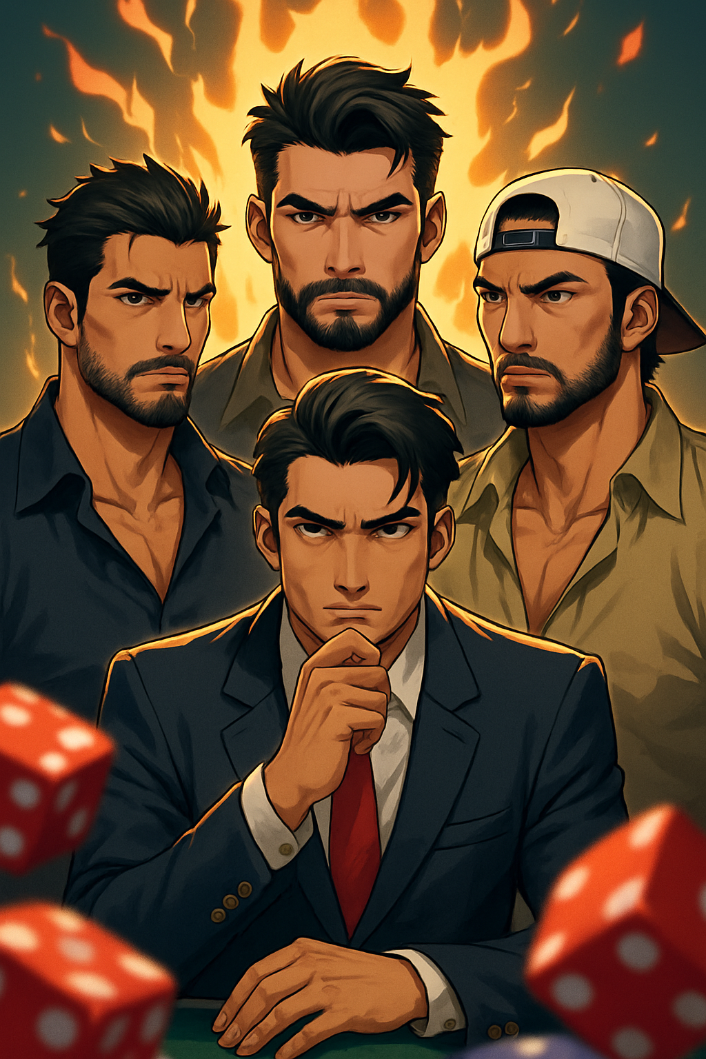 Re-create this image in the exact style. One person should have a beard and there only needs to be 3 people in there. NOt the back person