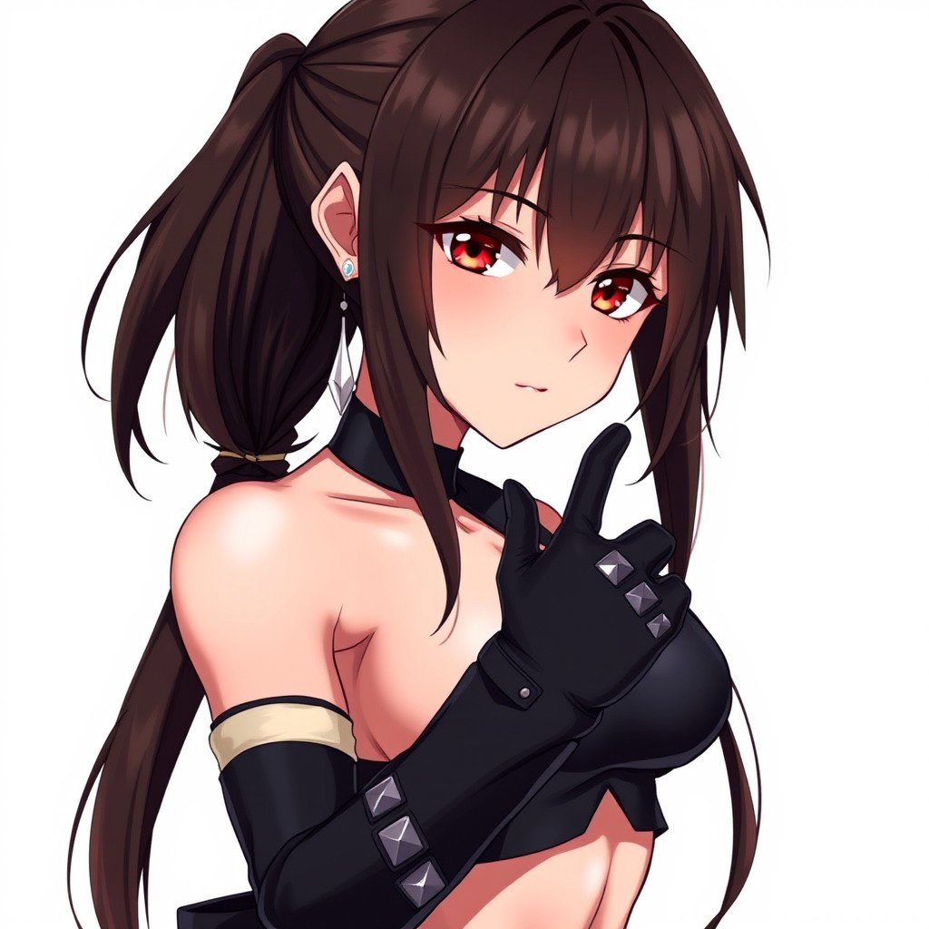 An anime woman with very dark hair that transitions from deep brown to black, cascading below her waist and intricately tied at the tips to create a dolphin-tail split