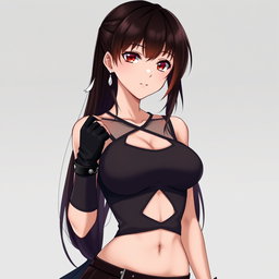 An anime woman with very dark hair that transitions from deep brown to black, cascading below her waist and intricately tied at the tips to create a dolphin-tail split