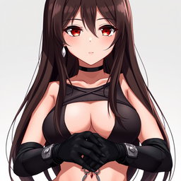 An anime woman with very dark hair that transitions from deep brown to black, cascading below her waist and intricately tied at the tips to create a dolphin-tail split