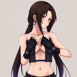 An anime woman with very dark hair that transitions from deep brown to black, cascading below her waist and intricately tied at the tips to create a dolphin-tail split
