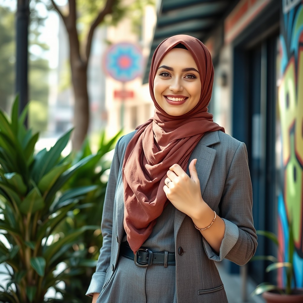 A confident hijabi woman posing in a stylish and fashionable outfit that reflects modesty yet showcases her unique sense of style, standing in an urban environment, perhaps near trendy cafes or colorful street art