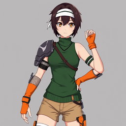 An anime woman with short, very dark brown hair styled confidently, and deep dark brown eyes that convey determination