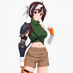 An anime woman with short, very dark brown hair styled confidently, and deep dark brown eyes that convey determination