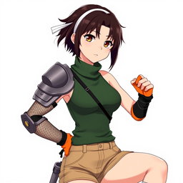 An anime woman with short, very dark brown hair styled confidently, and deep dark brown eyes that convey determination