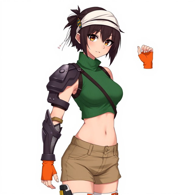 An anime woman with short, very dark brown hair styled confidently, and deep dark brown eyes that convey determination