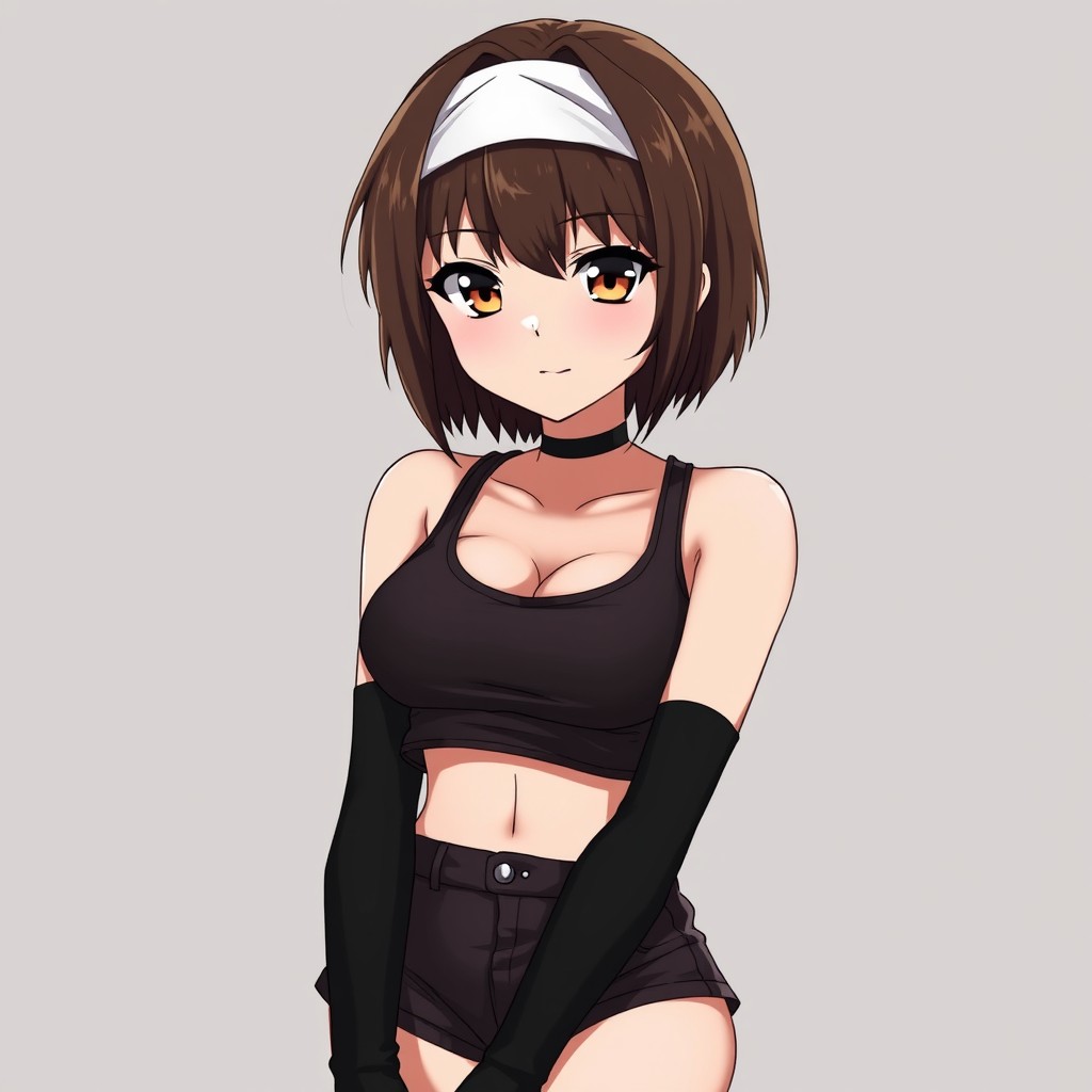 An anime woman with short, very dark brown hair styled in an edgy cut, complemented by deep, dark brown eyes that exude confidence