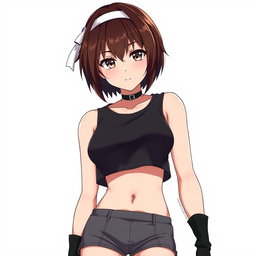 An anime woman with short, very dark brown hair styled in an edgy cut, complemented by deep, dark brown eyes that exude confidence