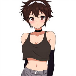 An anime woman with short, very dark brown hair styled in an edgy cut, complemented by deep, dark brown eyes that exude confidence