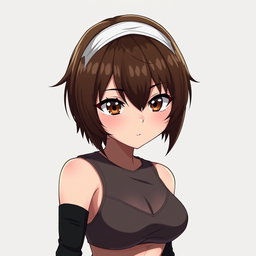 An anime woman with short, very dark brown hair styled in an edgy cut, complemented by deep, dark brown eyes that exude confidence