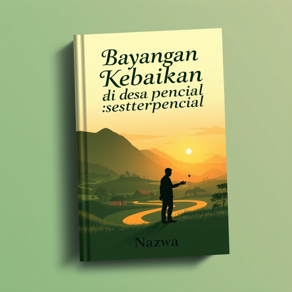 A book cover design for an A5 book titled 'Bayangan Kebaikan di Desa Terpencil' prominently displayed at the top of the cover in an elegant font
