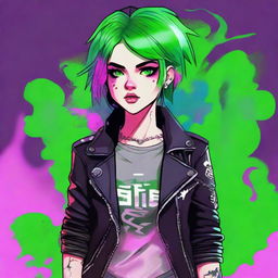 Illustrate a female character in vibrant punk aesthetics, displaying strong and rebellious personality. She has neon-colored hair, wearing a leather jacket with various patches, and is surrounded by a haze of vibrant, toxic green smoke.