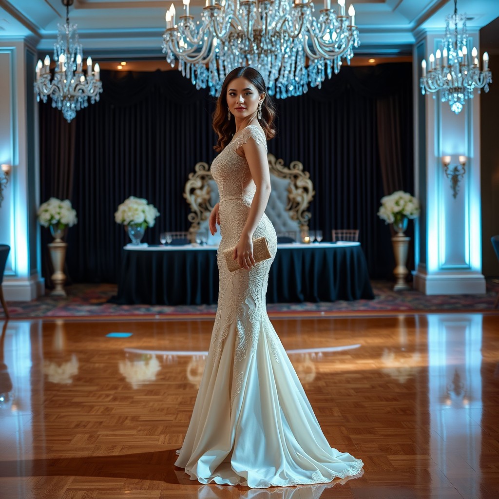 A stylish woman dressed in an elegant evening gown, showcasing intricate details like lace and a flowing train