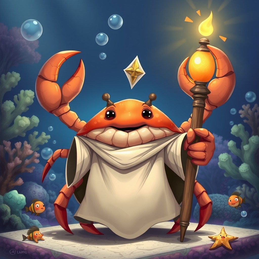 A whimsical illustration of a cleric crab, featuring detailed textures of its shell and claws