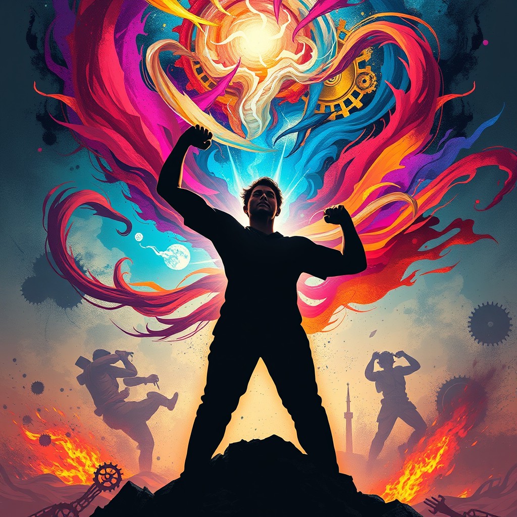 A visually striking representation of 'mindset as a weapon', depicting a person standing strong in a battle pose, with a powerful expression on their face