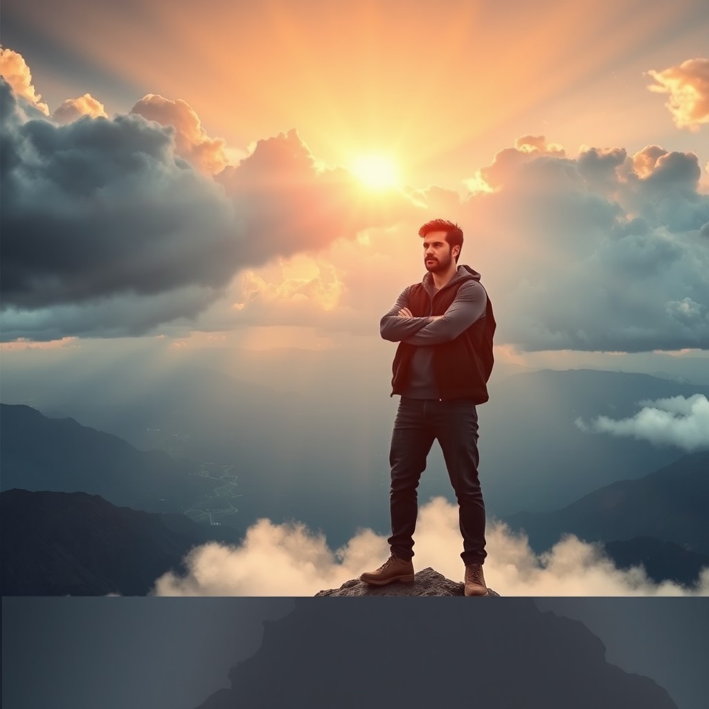 A powerful and determined individual standing confidently on a mountain peak, surrounded by dramatic clouds and a vibrant sunrise, symbolizing triumph and resilience