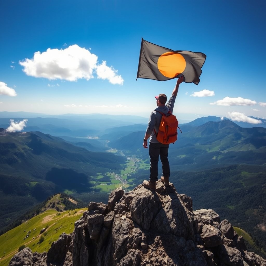 A dynamic scene showcasing a brave individual standing atop a rugged mountain peak, symbolizing courage and challenge