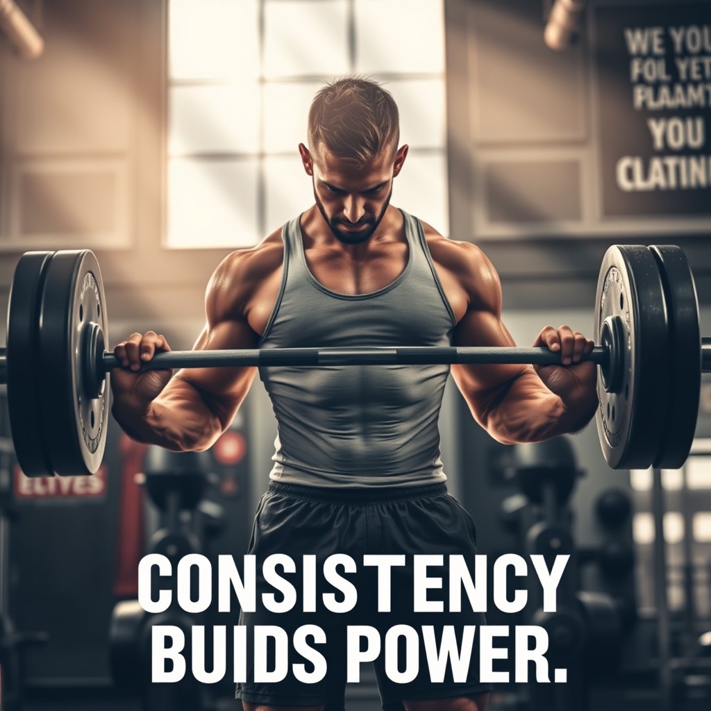 A powerful image representing the concept of 'Consistency Builds Power', featuring a dynamic scene of a determined individual lifting a heavy barbell in a gym