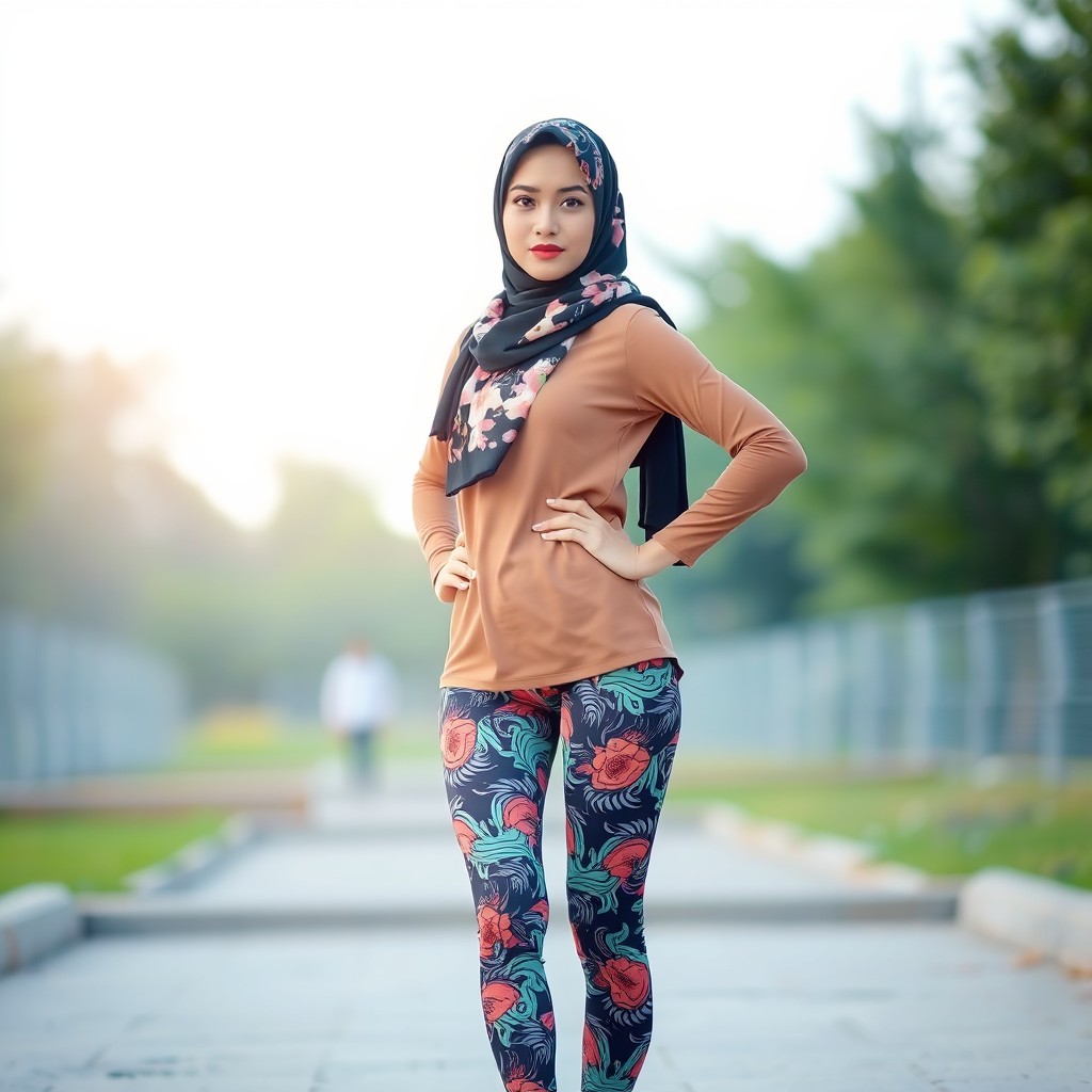 A confident young woman wearing a stylish hijab and fashionable leggings