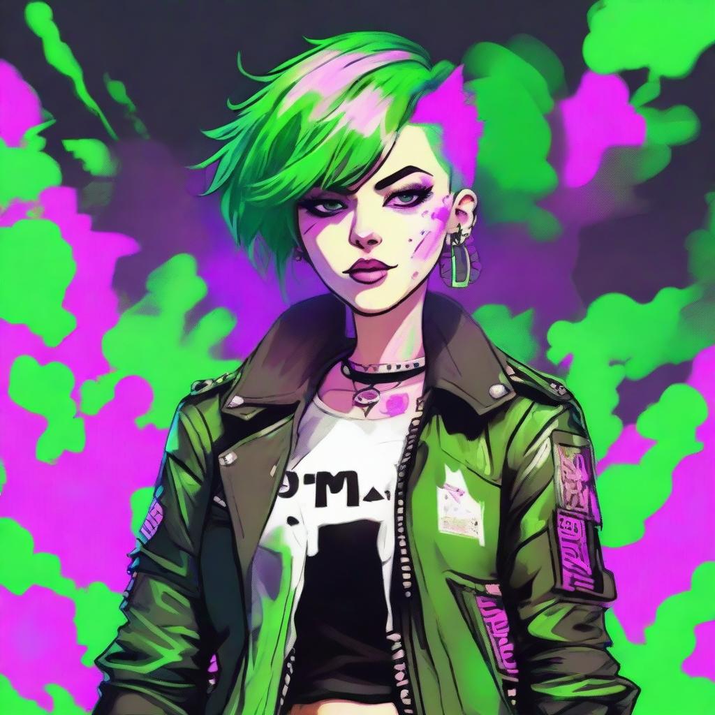 Illustrate a female character in vibrant punk aesthetics, displaying strong and rebellious personality. She has neon-colored hair, wearing a leather jacket with various patches, and is surrounded by a haze of vibrant, toxic green smoke.