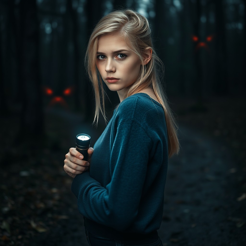 A young woman around 20 years old with light blonde hair stands slightly turned, holding a flashlight