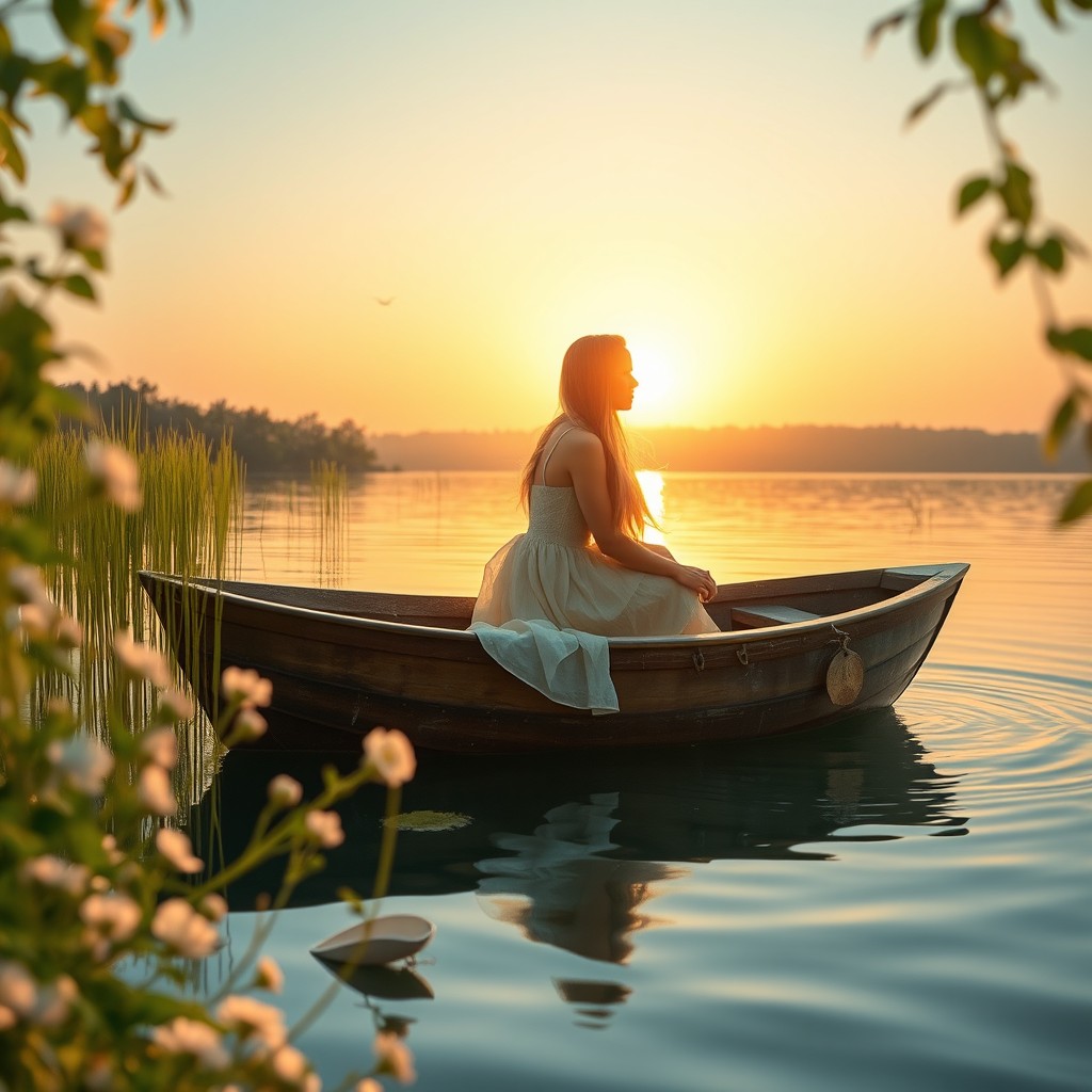 A serene scene featuring a beautiful woman with long flowing hair, sitting elegantly on a small, wooden boat drifting quietly on a tranquil lake