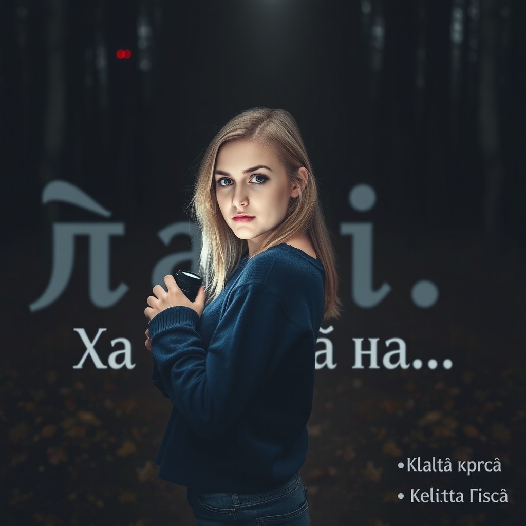 A young woman around 20 years old with light blonde hair stands slightly turned, holding a flashlight