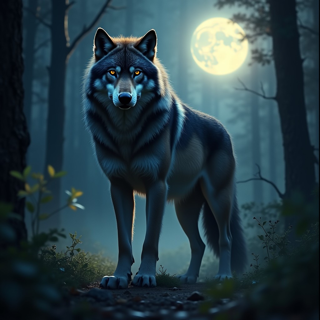 A majestic Alpha werewolf standing confidently in a lush forest, bathed in moonlight