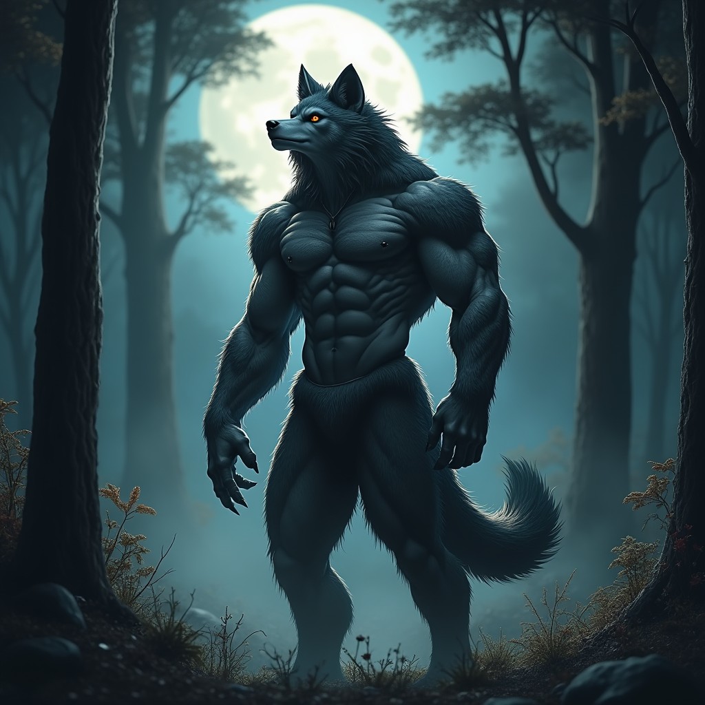 A captivating Alpha werewolf in a hybrid human-wolf form standing confidently in an enchanting forest illuminated by the full moon