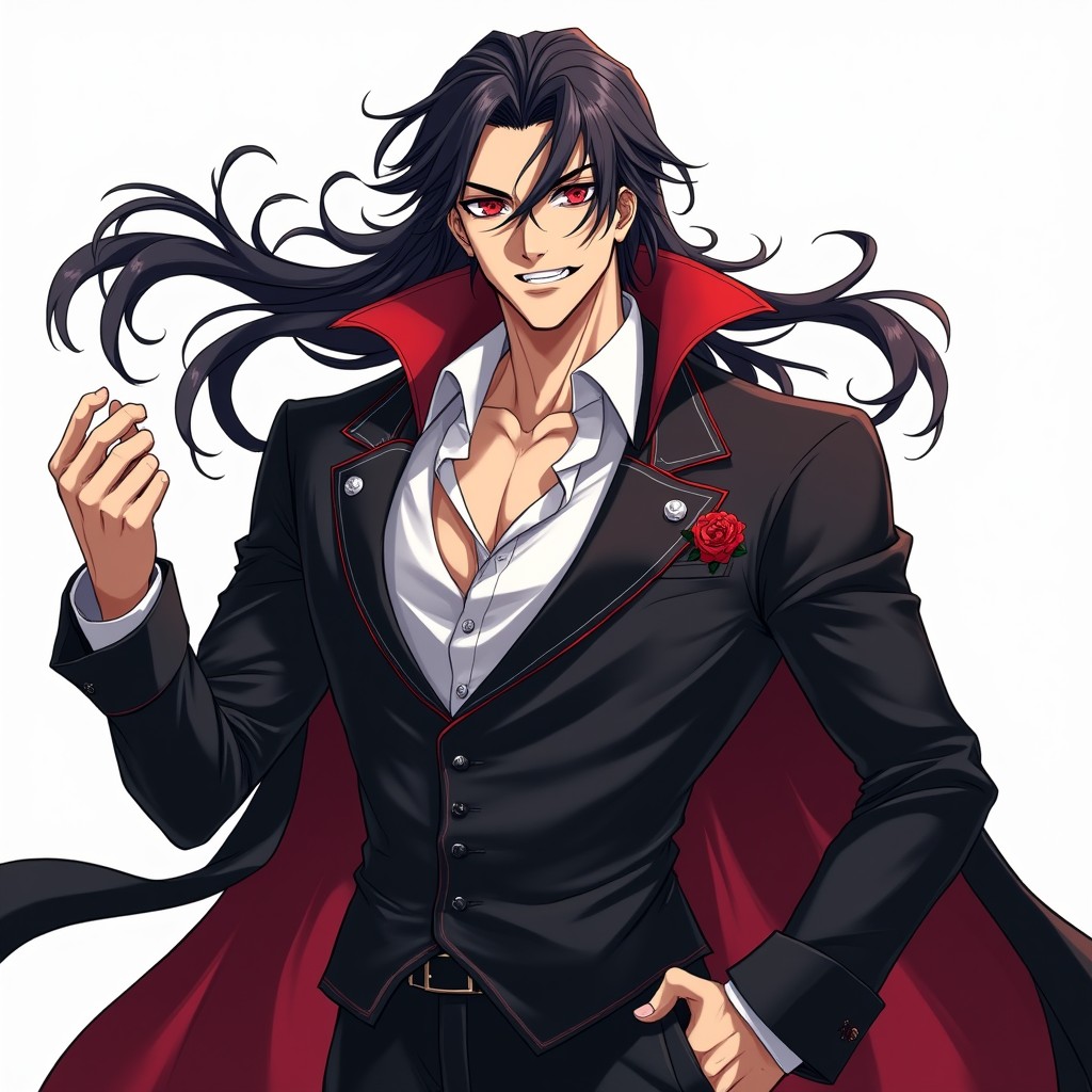 An anime-style Alpha vampire man posing powerfully, with a strong, muscular build and an intense gaze