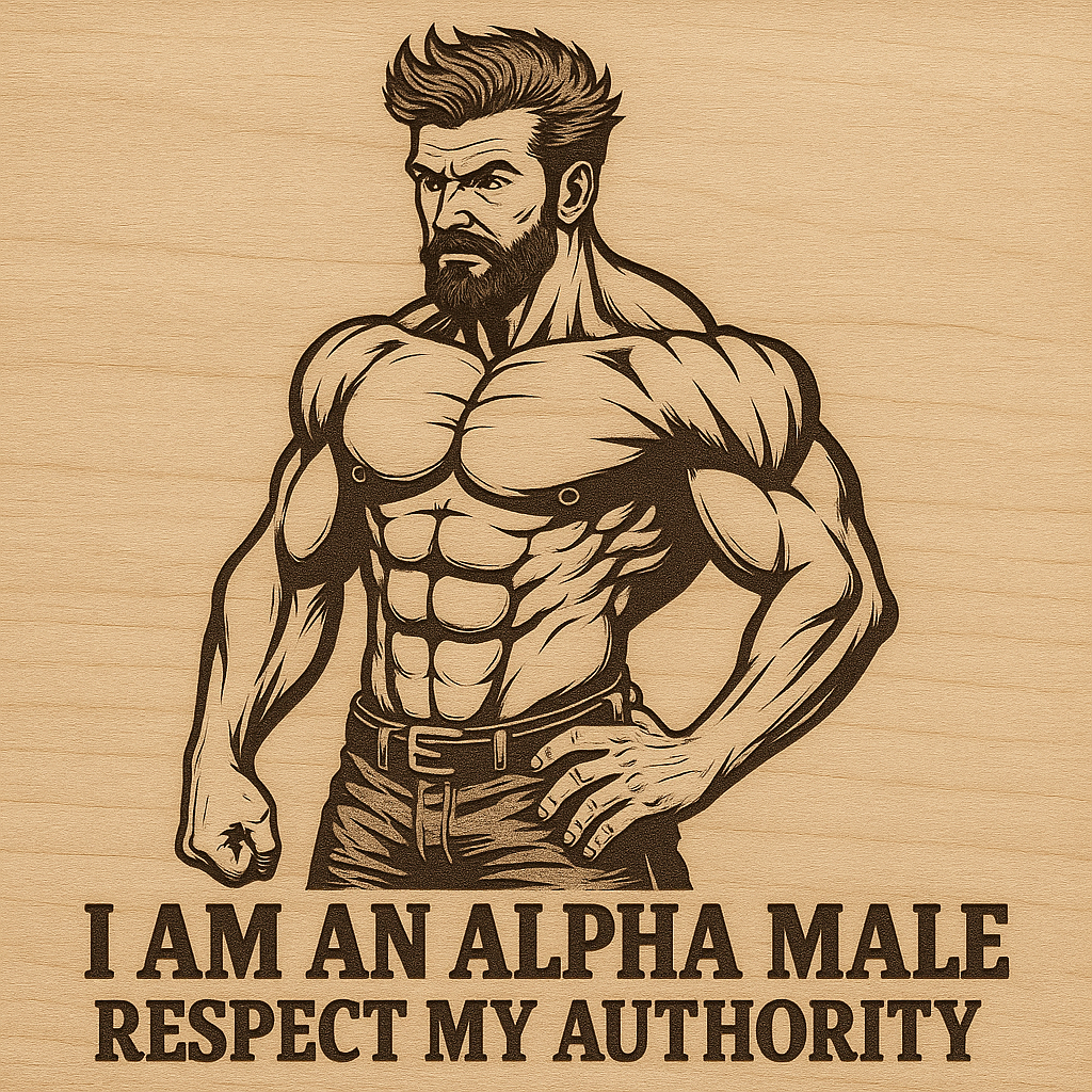 Create an image of an alpha man for a laser engraver. Add words beneath this pic. Have those words say something "Alpha" cringey