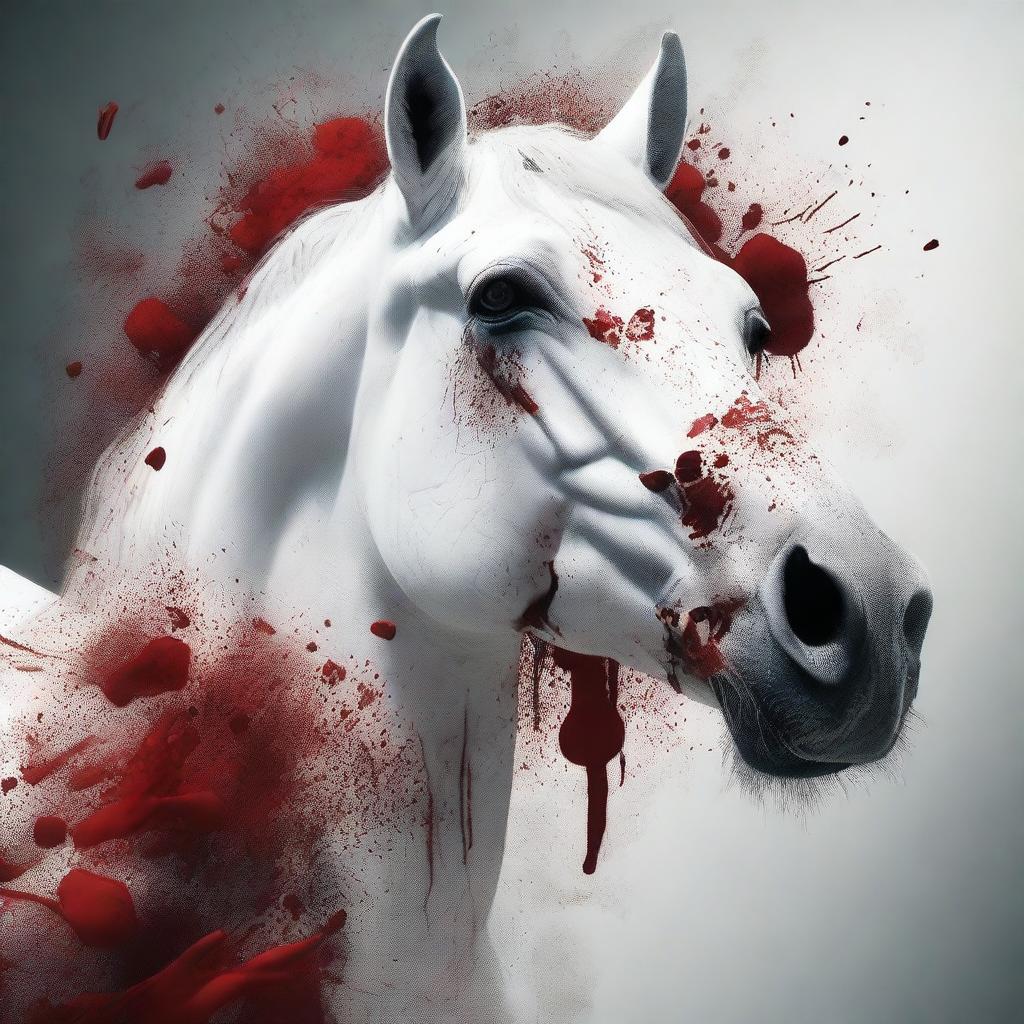 A high-quality 3D render featuring a white horse's face, dramatically splattered and cloaked by vivid stains of blood