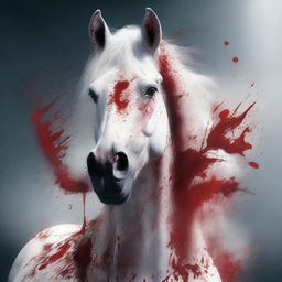 A high-quality 3D render featuring a white horse's face, dramatically splattered and cloaked by vivid stains of blood