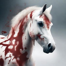 A high-quality 3D render featuring a white horse's face, dramatically splattered and cloaked by vivid stains of blood