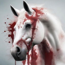 A high-quality 3D render featuring a white horse's face, dramatically splattered and cloaked by vivid stains of blood