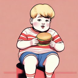 An 11 year old overweight child with short blonde hair, wearing a red stripe t-shirt and short pants, voraciously eating a burger. The image is stylized in a nostalgic 80s aesthetic.