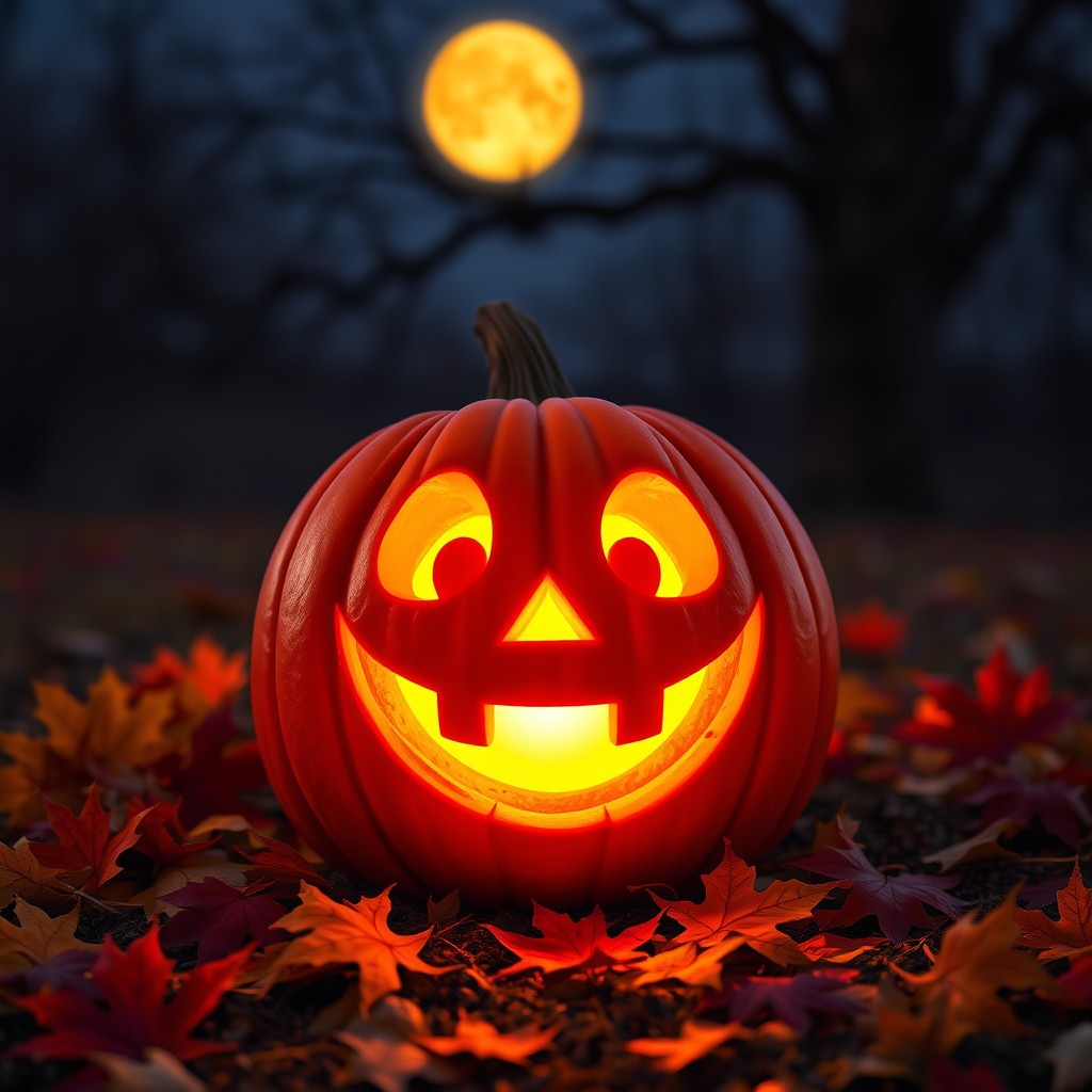 A beautifully carved Jack-o'-lantern pumpkin glowing warmly in the evening light, with a whimsical, cheerful face featuring wide eyes and a big smiling mouth