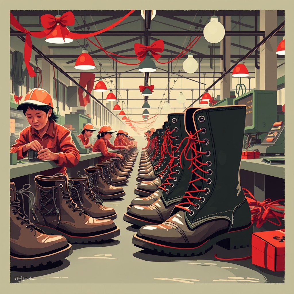 An illustration of a Christmas greeting card design featuring workers in a shoe factory in Indonesia