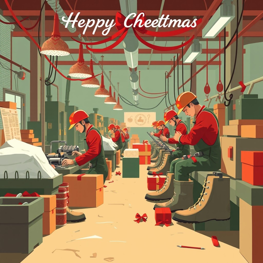 An illustration of a Christmas greeting card design featuring workers in a factory that produces tactical military boots and IPS sets in Indonesia