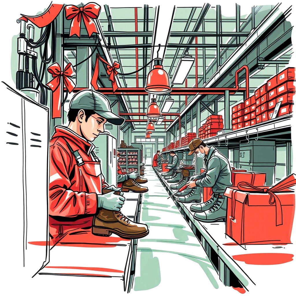 A sketch illustration of a Christmas greeting card design featuring workers in a factory producing tactical military boots in Indonesia