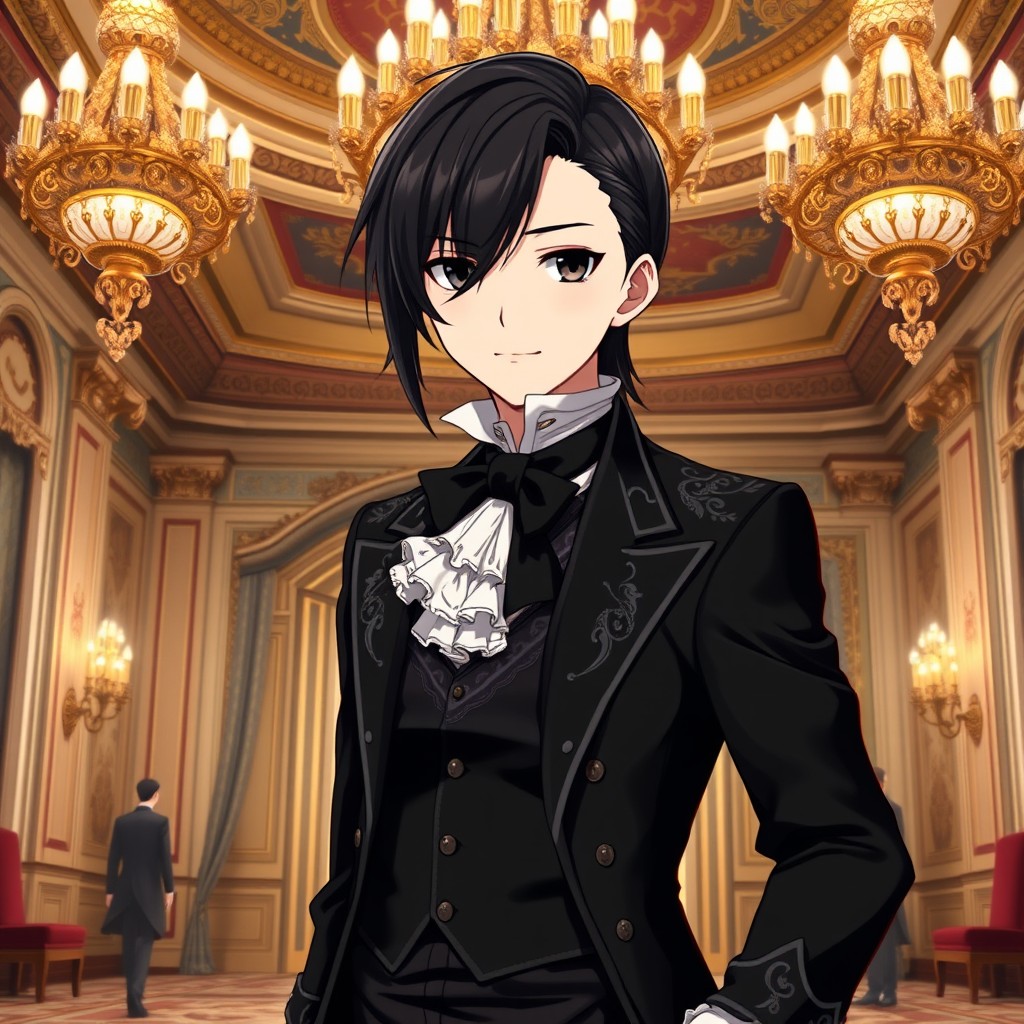 A striking anime character with sleek, jet black hair that falls smoothly to their shoulders, exuding an air of refinement and sophistication