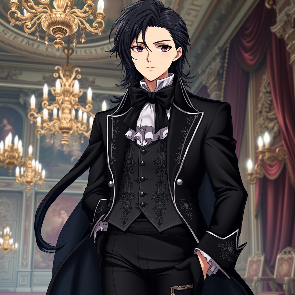 An impressive anime character with striking black hair that cascades elegantly around their shoulders, styled in a classic aristocratic fashion
