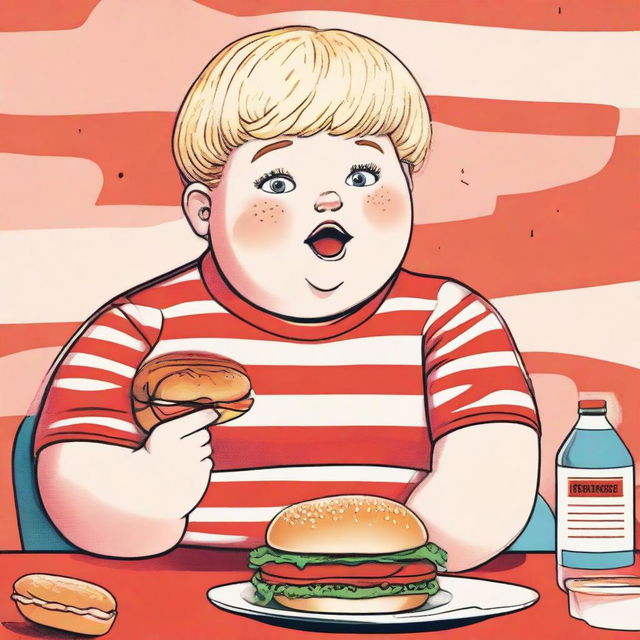 An 11 year old overweight child with short blonde hair, wearing a red stripe t-shirt and short pants, voraciously eating a burger. The image is stylized in a nostalgic 80s aesthetic.