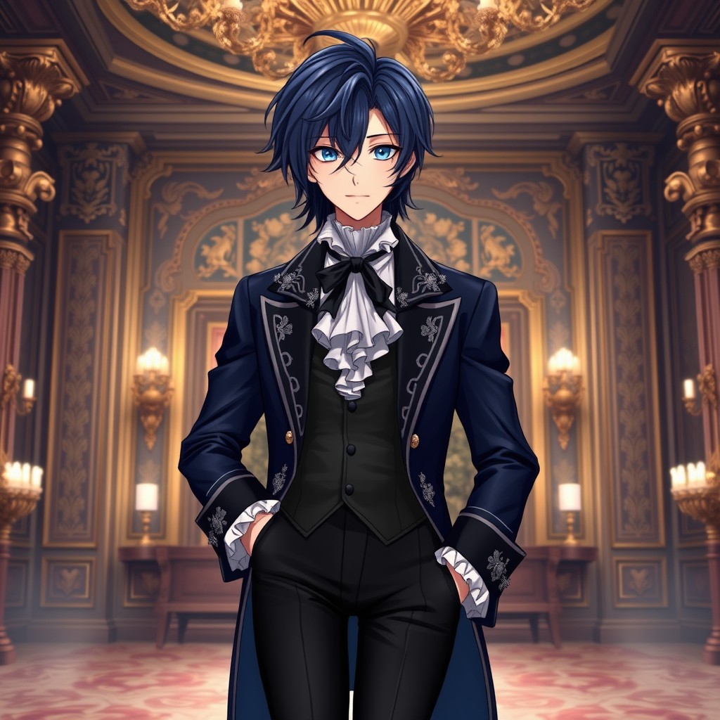 A captivating anime character with striking black-blue hair that flows elegantly to their shoulders, styled in a sophisticated manner that captures the essence of 18th-century aristocracy