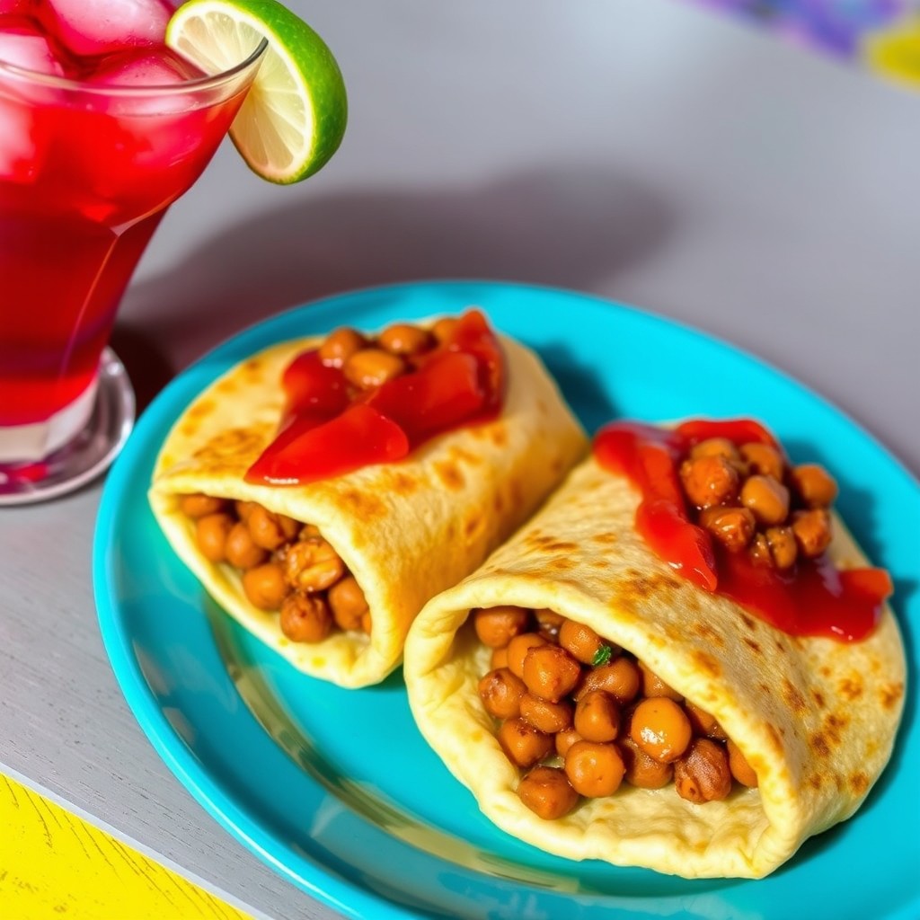A mouthwatering plate of Trini doubles, showcasing two soft flatbreads filled with spicy chickpeas and topped with chutney and pepper sauce