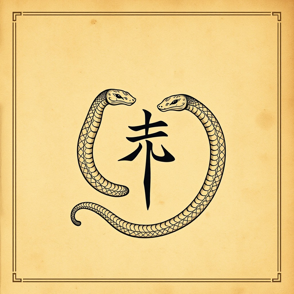 A manuscript cover design featuring two intertwined snakes with the female symbol (♀) elegantly placed in between