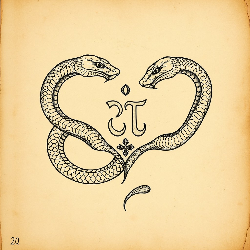 A manuscript cover design featuring a detailed hand-drawn illustration of two intertwined snakes, gracefully curling around each other, with the symbol of the feminine (♀) positioned beautifully in the center