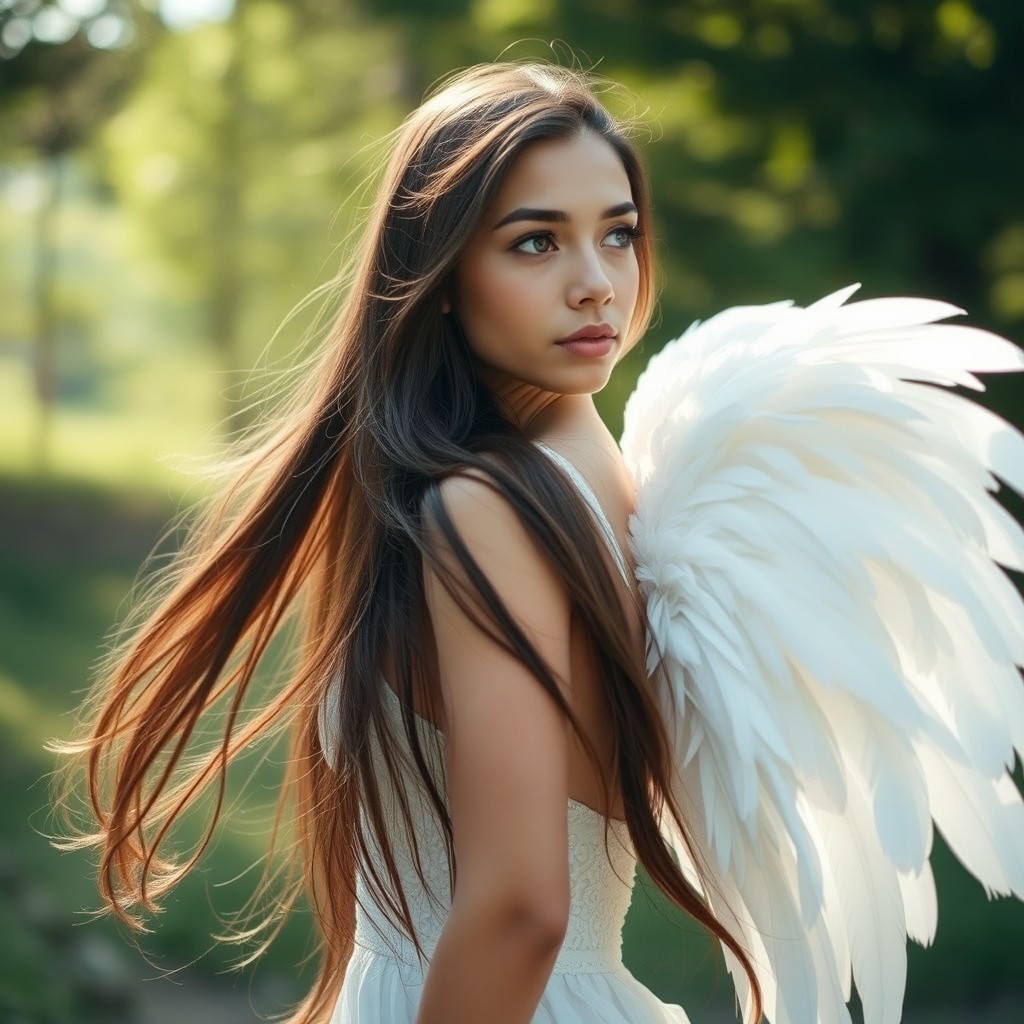 A beautiful young woman with long flowing hair, adorned with large, elegant white feathers attached to her back, creating a stunning and ethereal look